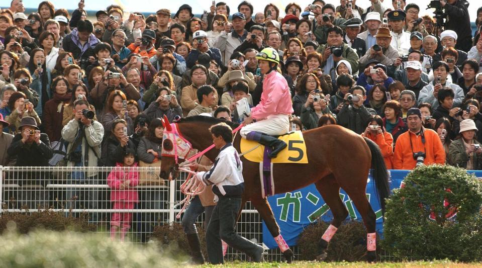　０４年３月２２日　大勢のファンを前にパドックを周回するハルウララと武豊