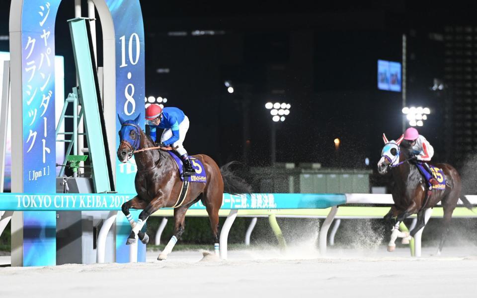 　ナチュラルライズ（右）の３冠を阻止しゴールするナルカミ（撮影・園田高夫）