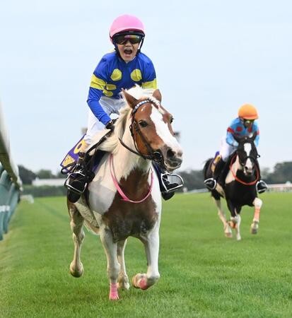 　ジョッキーベイビーズを勝利し雄たけびを挙げる八嶋駿吏さん（左）＝撮影・園田高夫