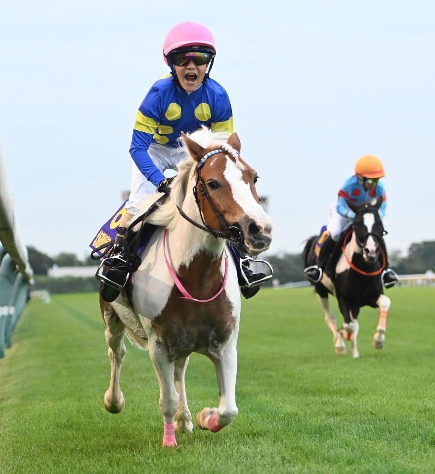 　ジョッキーベイビーズを勝利し雄たけびを挙げる八嶋駿吏さん（左）＝撮影・園田高夫