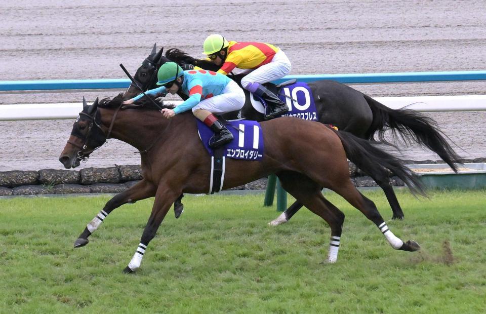 　ゴール前で武豊騎乗のエリカエクスプレスをかわすエンブロイダリー（手前）＝撮影・金居みつよし