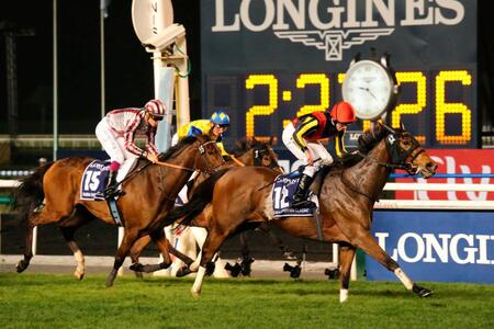 　ドバイ・シーマクラシックで昨年の雪辱を果たしたジェンティルドンナ（右）＝２０１４年３月３１日（共同）