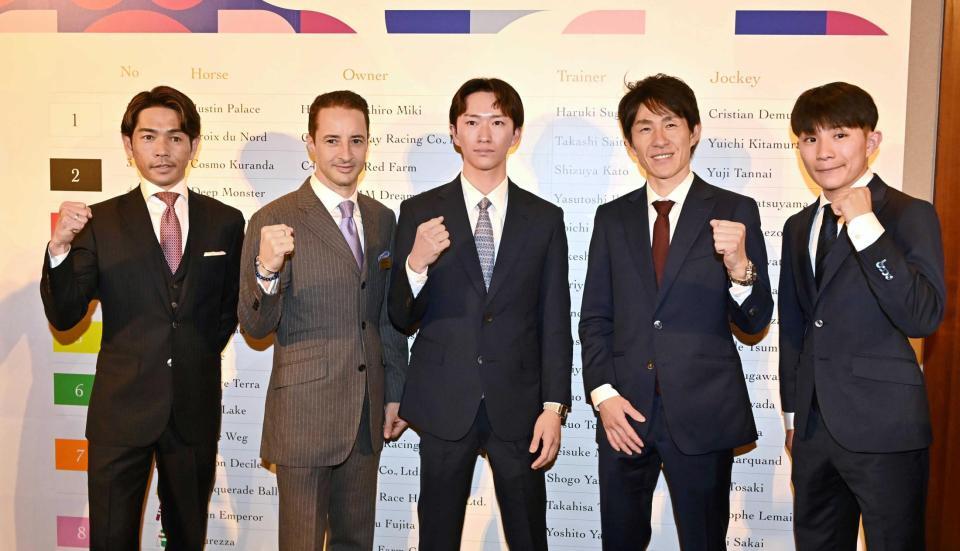 　レースに向け気合みなぎる（左から）戸崎圭、ルメール、菅原明、丹内、佐々木（撮影・持木克友）