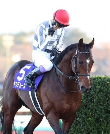 　第８８回有馬記念を勝利したドウデュースの馬上で拳を握る武豊騎手