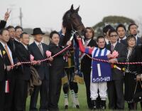 　有馬記念を制したヴィクトワールピサとＭ・デムーロ（右から六人目）