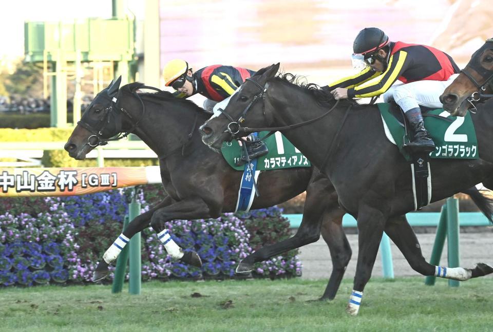 　中山金杯を制したカラマティアノス（左）と津村（撮影・園田高夫）