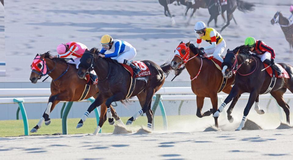 粘るサンデーファンデー（左端）を捉えるロードクロンヌ（左から２頭目）＝撮影・石湯恒介