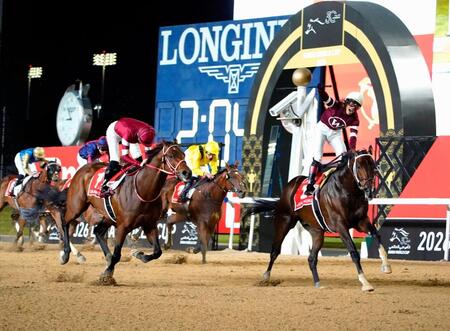 競馬のドバイ・ワールドカップで２着となったフォーエバーヤング（手前左）＝共同