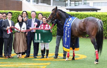 ダービー卿チャレンジＴを勝利したスズハロームと藤懸騎手（左から７人目）