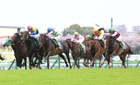 大外からまとめて差し切るスズハローム（右端）。左から３頭目はサイルーン