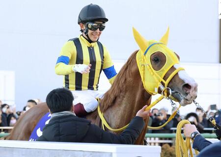 有馬記念、６番人気で２着に入り笑顔をみせるボルドグフーシュ騎乗の福永祐一＝２０２２年