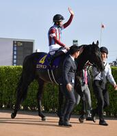 皐月賞をロブチェンで制しスタンドのファンに手を振る松山