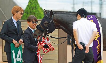 平安Ｓを制したロードクロンヌと四位洋文師（左から２人目）＝撮影・石湯恒介