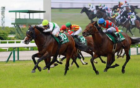 　外差し馬場を突き抜けるエルトンバローズ（左）＝撮影・石湯恒介