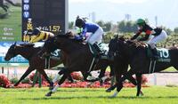 函館記念を勝利した小林美騎手騎乗のファウストラーゼン（中央）。右はケルフレッドアスク、左はピースワンデュック
