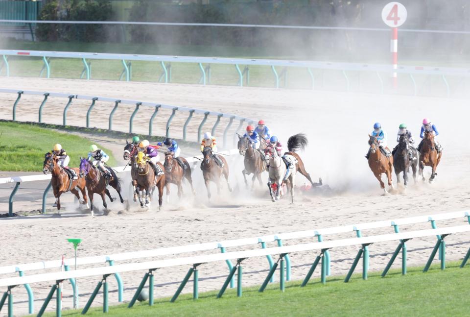 大雪ハンデの４コーナーで落馬したスマートカイロスと古川奈穂（撮影・西岡正）