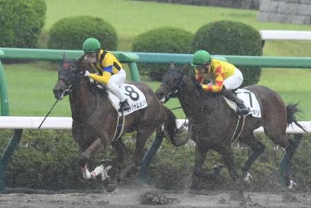 ６Ｒ・２歳新馬戦を制したエンジャムメント（左）＝中山競馬場（撮影・園田高夫）
