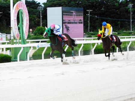 逃げ切って重賞初制覇を成し遂げたバドラ（左）＝撮影・中山伸治