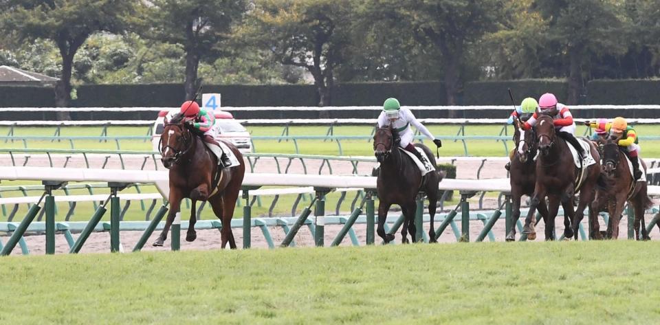 新馬戦を制したミエノヴィヴィッド（左）＝撮影・園田高夫