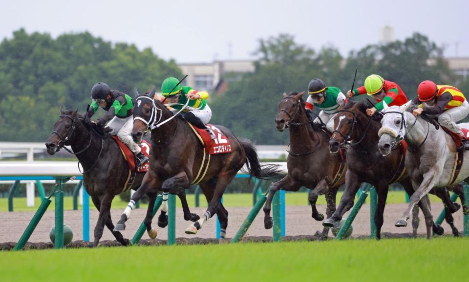 力強く抜け出すエコロディノス（左から２頭目）＝撮影・石湯恒介