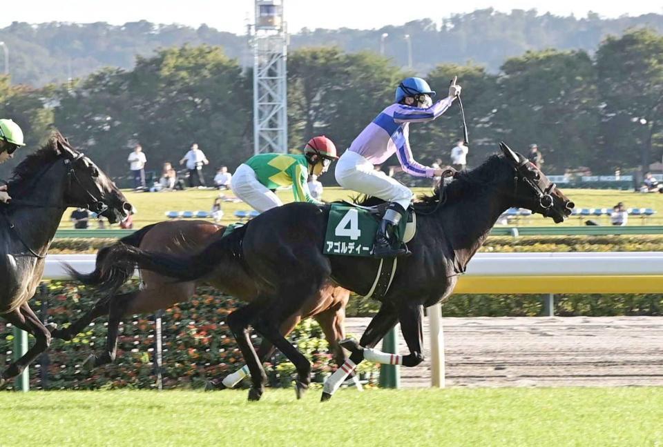 　サウジアラビアＲＣを制したアゴルディーノと指を突き出す横山和（撮影・持木克友）