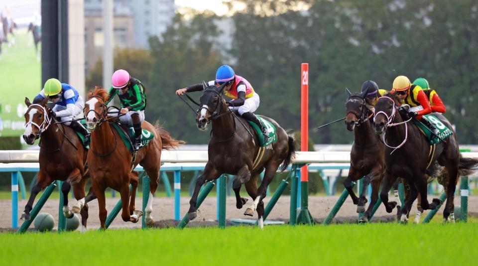 前をいくバタフライ（左端）、フェリチタ（同２頭目）を捉えにかかるニクスルーナ（中央）＝撮影・石湯恒介