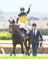 スタンドのファンに笑顔で手を振る松山とパンジャタワー＝５月１１日、東京